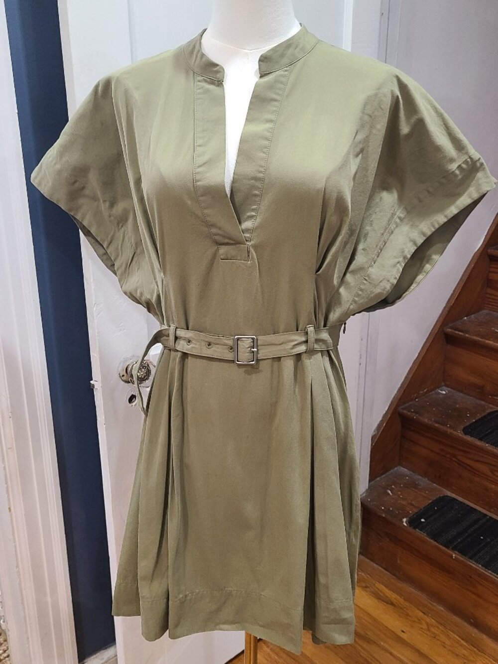 Zara Pleated Belted Khaki Cap Sleeve Short Dress Size XL